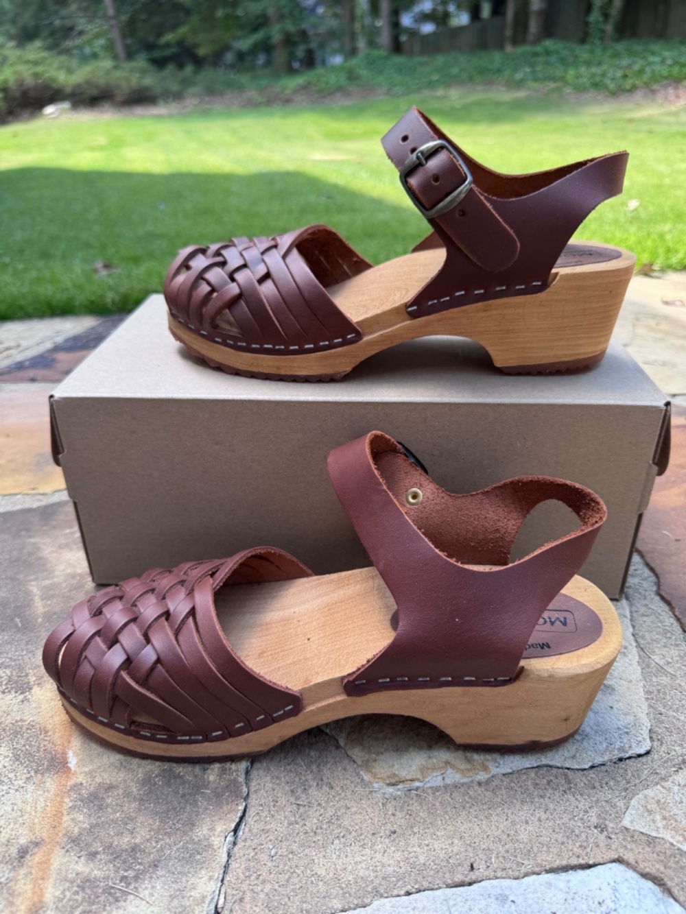 Moheda Brown Braided Leather Swedish Clog Sandals Size 38